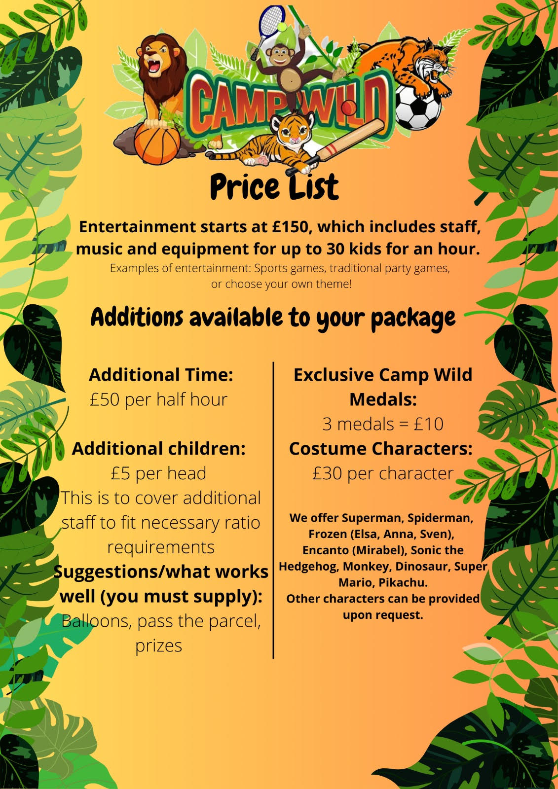 Price List for parties